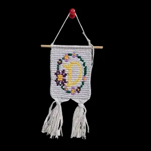 Macrame Tapestry Letter D with Purple Floral Border Handmade Mini Wall Hanging for Decor