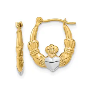 14K Real Yellow Gold Claddagh Hoop Earrings, 18mm