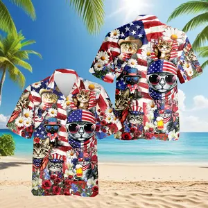 4th of July Cat Hawaiian Shirt For Men, Button Down Short Sleeve Pattern Hawaiian Shirt Man