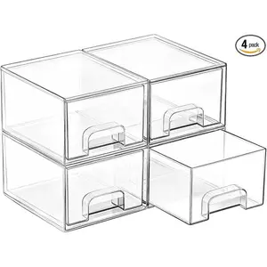 Vtopmart 4 Pack Small Clear Stackable Storage Drawers,Acrylic Bathroom Makeup Organizer,Plastic Storage Bins For Vanity, Undersink, Kitchen Cabinets, Pantry, Home Organization