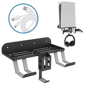 PS5 Wall Mount, 6-in-1 Stand for PlayStation 5 (Disc & Digital) &PS4 Slim, Metal Wall Stand with Data Charging Cable/Controller Hanging Bracket/Remote Box/Headset Hanger