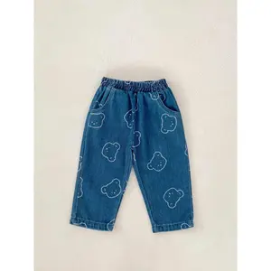 NewSpring Baby Toddler Unisex Denim Set Trendy Bear Head Print Long Pants Casual Fashion for Boys and Girls Comfortable and Stylish