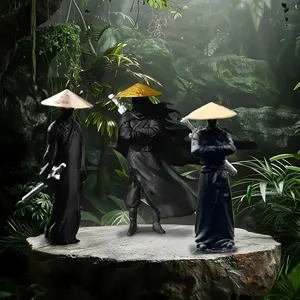 3Pc Mini Ancient Samurai Statue Set Black with Yellow Hat Plastic Car Dashboard Decor Bonsai Aquarium Ornament with Seamless Adhesive for Versatile Use 5cm Height
