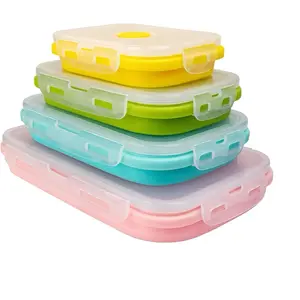 Set of 4, Collapsible Silicone Food Storage Container, Leftover Meal Box for Kitchen, Lunch Boxes with Clip-on Lid, Stackable, Space Saving, Dishwasher Safe, BPA Free