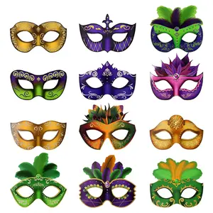 12 Pack Mardi Gras Carnival Masks, Assorted Colorful Half Face Costume Masks for Men & Women, Painted Vintage Masquerade Party Masks for Mardi Gras Decorations, Halloween, Prom & Group Events