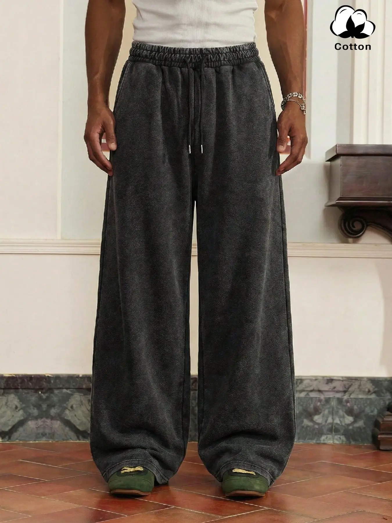 Clean Fit Vintage Wash Loose Cotton Pants, Casual Loungewear Pants, Casual Comfy Drawstring, High-Quality Fitted Wide Leg Casual Street Style, Unisex Long Trousers for All Seasons, Streetwear