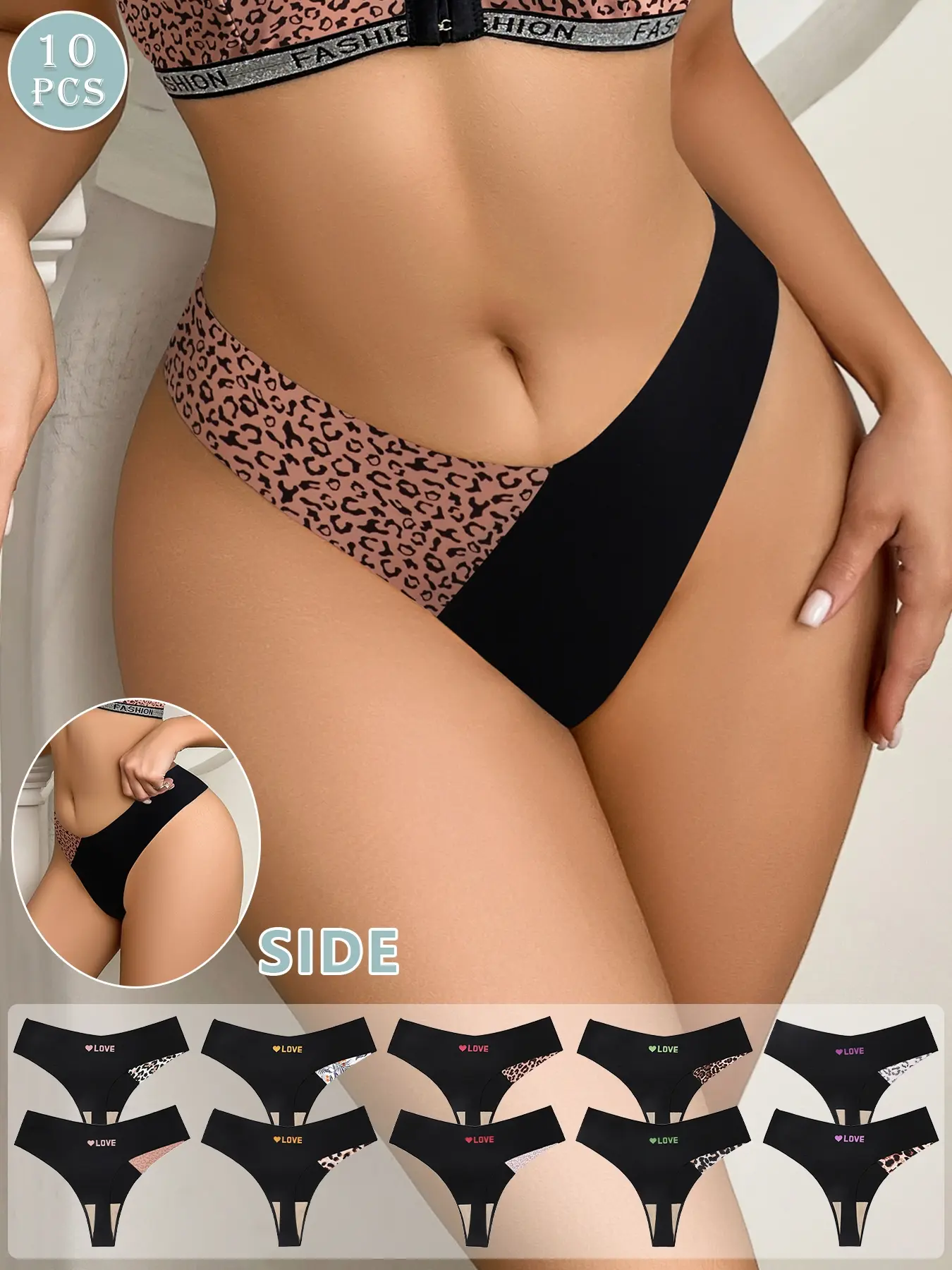 10 Pcs Women's V-Shape Sexy Briefs, Love Letter Embellished Leopard Print Thong, Low Waist Slim-Fit Underwear for Daily Wear, Brief Panties