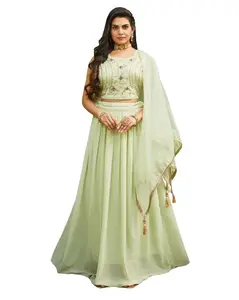 Green Georgette Lehenga with Crop Top| Heavy