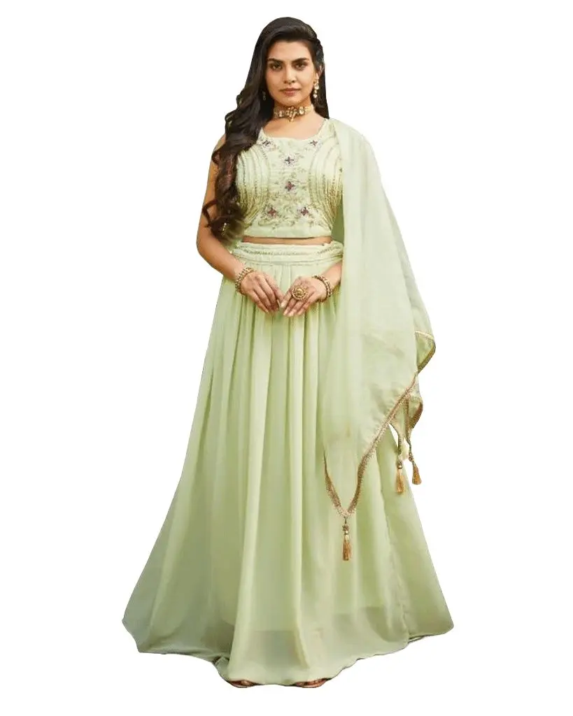 Women's Green Georgette Lehenga Set with Embroidered Crop Top, 3-Piece Lightweight Breezy Party Outfit for Weddings, Embroidery, Clothes, Fabric, Day, Comfortable, Skirt, Holiday, Casual