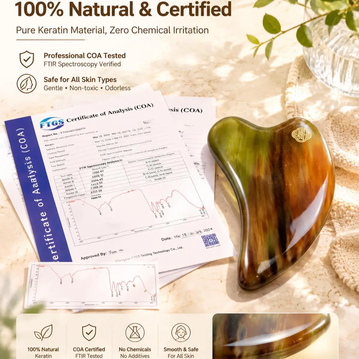 Natural Horn Gua Sha Tool - 10-12mm Thick Collectible Cultural Art Piece, Gentle Body Care Massager with Smooth Low-Tug Glide, Ergonomic Grip, Keratin-Rich Lipophilic Non-Absorbent Design for Sensitive Skin, Pouch-Ready Storage Gift