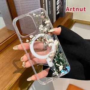 Clear Magnetic Case for iPhone 16 Pro Max 15 16E 14 Plus 13 12 Mini 11 Promax X XS XR XSMax White and Pure Magnolia Pattern Hard Acrylic Back Soft Edge Four Corners Bumper Shockproof Cover Shell Gift for Girl