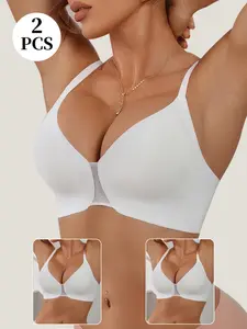 1-2 Pieces Women's Seamless Backless Lightly Lined Bra, Hollow Out Mesh Patchwork Sexy Bra, Lift and Gather, Solid Color Simple Lingerie
