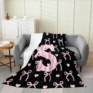 Initial Letter A-Z Valentine's Day gifts Flannel Blanket Throw for Girls Black Pink Alphabet Flannel Blanket Monogrammed Gifts for Daughter Women Teen Girls Customized Blanket for Bedding Bedroom Office  Size Single Sided Printing Lightweight Blanket