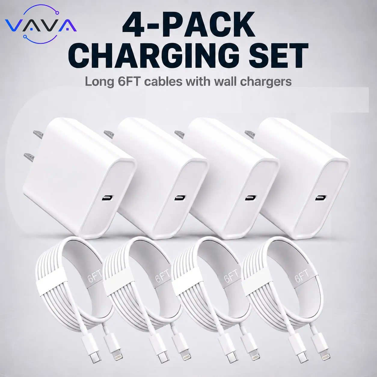 6FT Super Fast Charging 4-Pack Type-C Wall Charger Blockwith 4-Pack USB-C to Lightning Cable for iPhone 14/13/12AirPods Pro Mobile Smartphone Device Cellphone