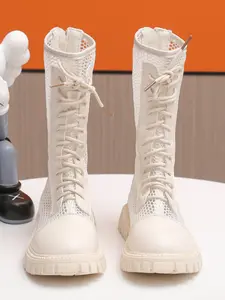 Girls' Summer Breathable Mesh High-Top Boots, Lace Up Boot, Comfortable Thick Sole, Anti-Collision Design, Easy On/off Zipper, PU Upper Material