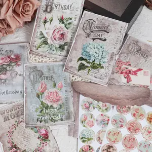 Vintage Flower Pattern Postcard Set, 64pcs/set Including 12pcs Writable Postcard & 4 Counts Envelope & 48pcs Sticker, DIY Crafts, Scrapbook Supplies, Gifts