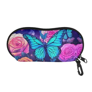 Elegant Blue Butterfly & Purple Rose Art Neoprene Sunglasses Case Durable Stylish Glasses Pouch with Detachable Carabiner Zipper Closure Protects Eyewear From Scratches Wear & Tear Ideal for Daily Travel Special Occasions Summer Getaways Romantic Gifts ou