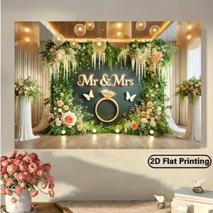 2D Flat Banner 1pc Mr & Mrs Wedding Backdrop Cloth, Polyester Floral Wall Hanging Decor, Versatile Party Banner, 243.84x182.88cm, No Power Needed, for Home, Office, Outdoor, Studio Props