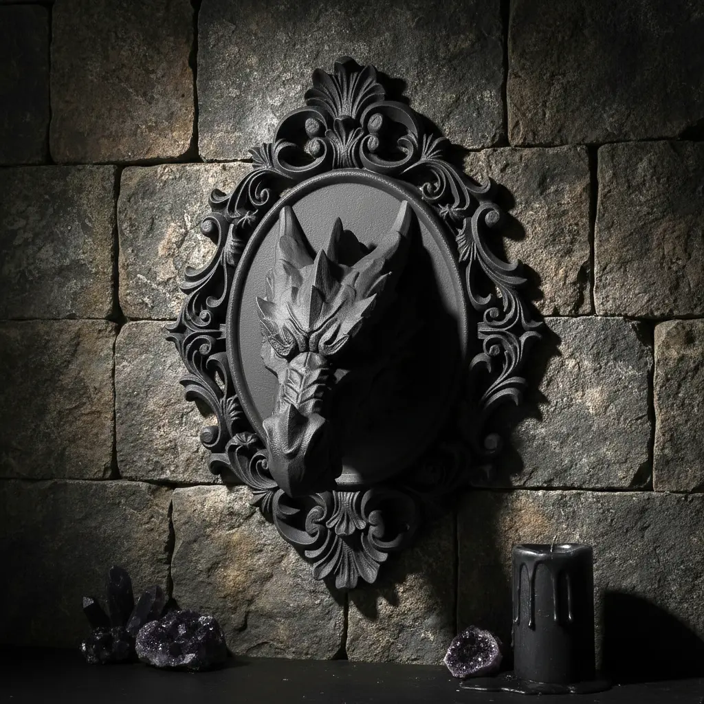 Raven Crest Studio Dragon Head Plaque, Baroque Gothic Wall Hanging, 3D Printed Fantasy Dragon Sculpture, DnD Decor, 9.5x7.0x3.5in