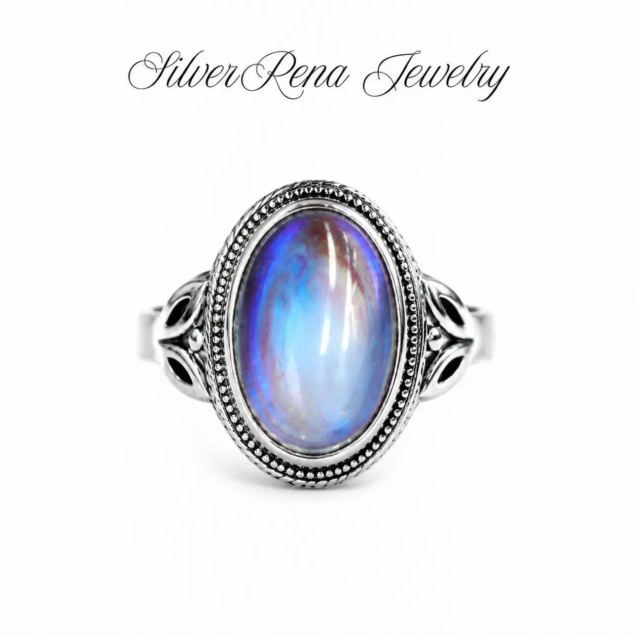 925 Sterling Silver Vintage Oxidized Oval Aurora Opal Stone Ring, Multicolor Rainbow Flash Cabochon Gemstone Retro Filigree Band Closed Ring, Hypoallergenic Bohemian Fine Jewelry Gift for Women