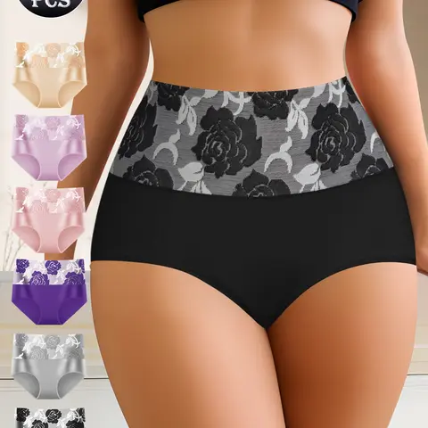 QUASTI Women's 6-Pack High-Waist Colorblock Cotton Panties - Lady's Style, Light Floral Printed, Stretchy, Soft, Breathable, Tummy Control, Hip-Lifting Everyday Underwear (S-XXL) [Cotton Underwear for Women Batch],sohochic