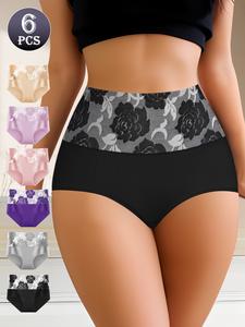 QUASTI Women's 6-Pack High-Waist Colorblock Cotton Panties - Lady's Fit, Light Floral Printed, Stretchy Feminine Style, Breathable Tummy Control, Hip-Lifting Soft Everyday Underwear for Women (S-XXL)