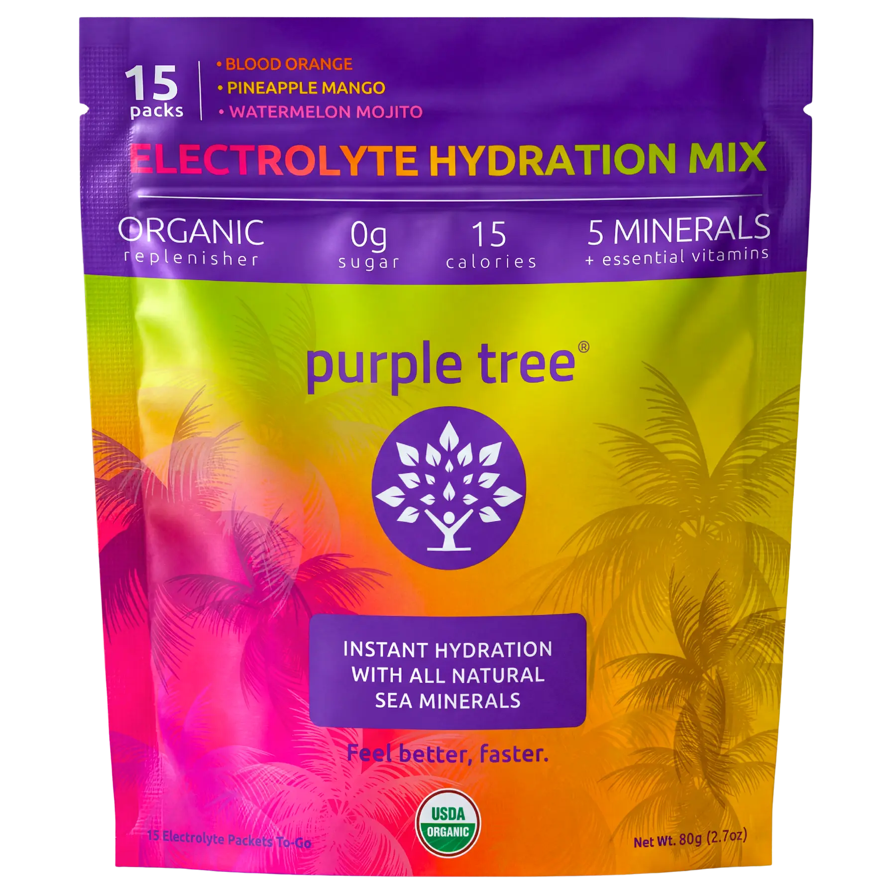 Purple Tree - Organic Electrolyte Hydration Packets, Zero Sugar, Sea Salts, Daily IV Hydrate Packs for Rapid Rehydration Relief, Variety Flavors, 15 sticks