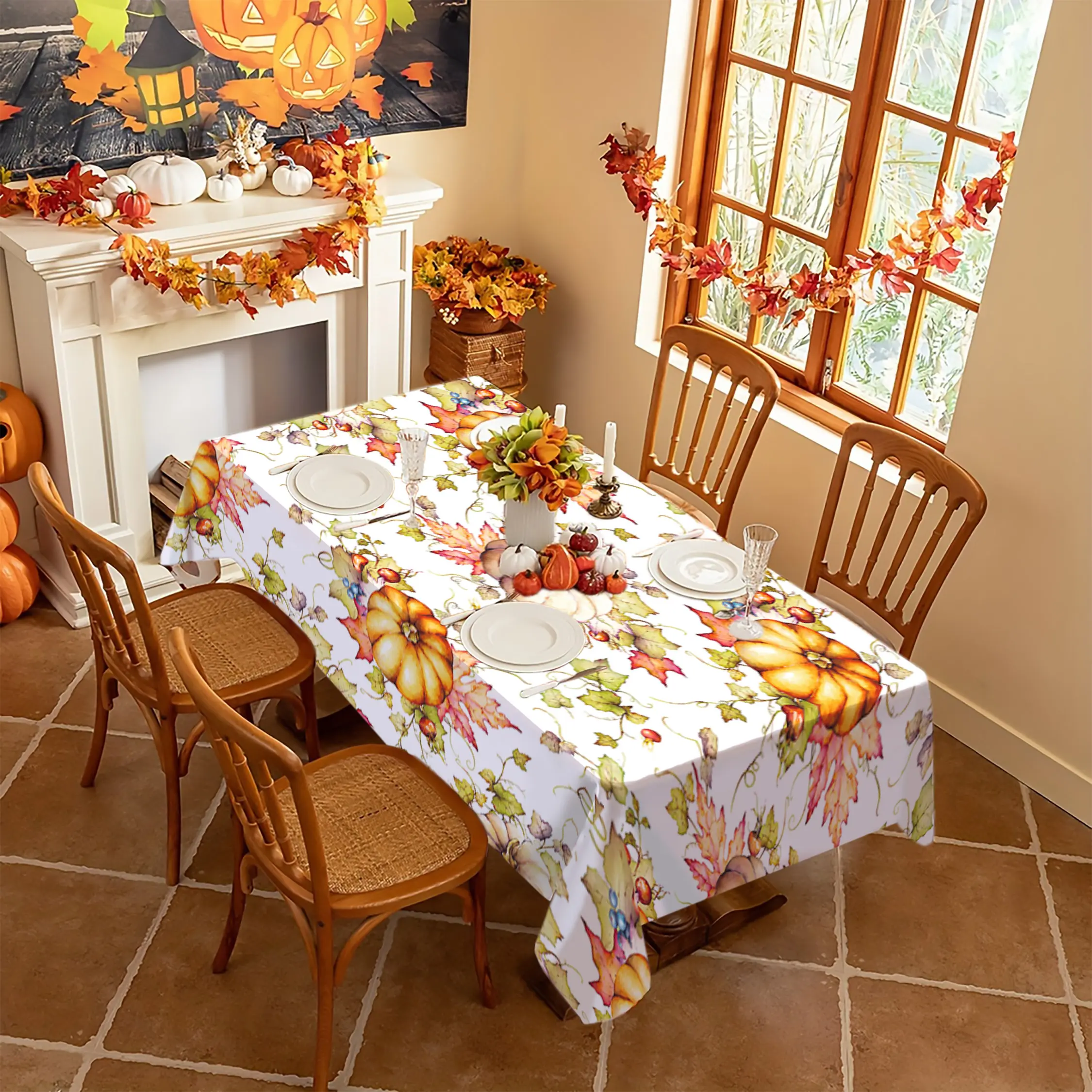 Thanksgiving Tablecloth Set, Pumpkin & Maple Leaf Design, Indoor Outdoor Decor, Holiday Autumn Decoration, Perfect for Home Kitchen Dining Parties