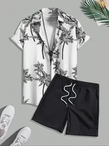 Two-Piece Set Men's Regular Fit Tropical Plants Floral Print Shirt & Drawstring Waist Shorts Set, Casual Short Sleeve Collared Top & Shorts, Summer Clothes Set for Men, Casual Fashion Set