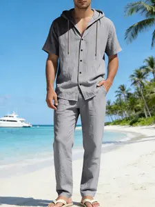 Two-Piece Set Men's Solid Linen Set, Casual Breathable Quick-drying Top & Drawstring Wide-leg Pants Set for Beach Holiday, Men's Clothing for Summer