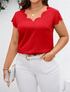 SHEIN Clasi Women Plus Size Summer Floral Print Blouse With Scalloped Collar, White Base With Blue Print, Elegant For Everyday & Outgoing Wear, Spring