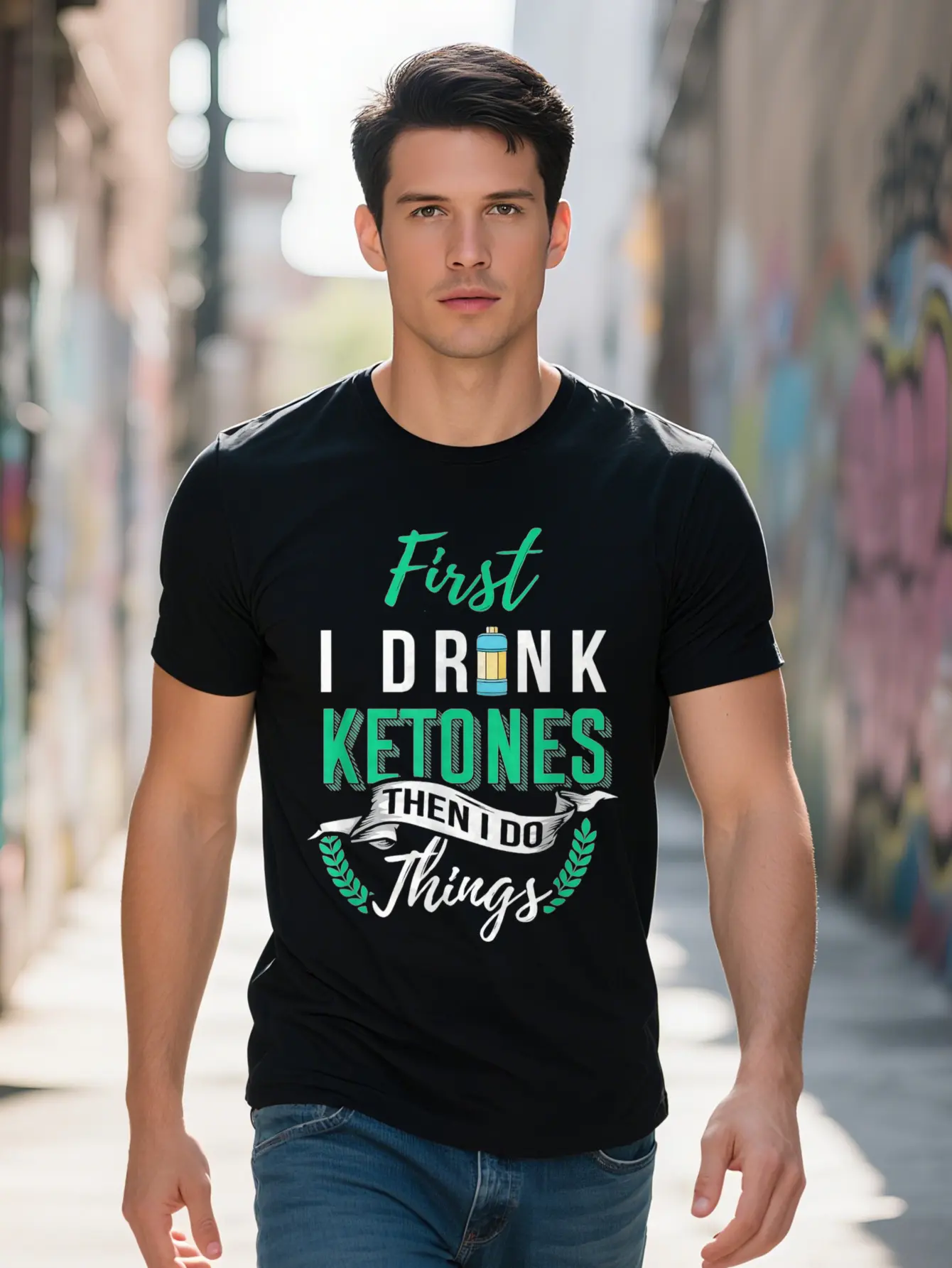 Men s Cotton Keto Lifestyle T Shirt First I Drink Ketones Fun Graphic Tee Low Carb Diet Design Black with Green