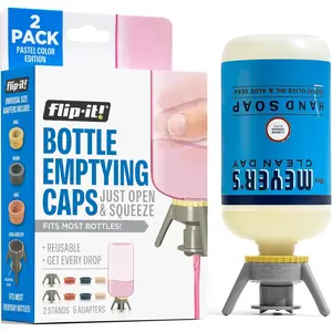 2-Pack Premium Bottle Emptying Kit – No more wasted product - most plastic bottles – Get out every drop of Shampoos, Lotions, & More – 2 Base Caps, 6 Adapters – Pastel Color Edition