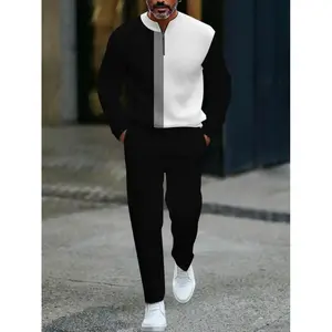 Men's 2-Piece Black and White Contrast Sports Suit, Half-Open Collar, Breathable Comfortable, Ideal for Daily & Weekend Casual Street Style