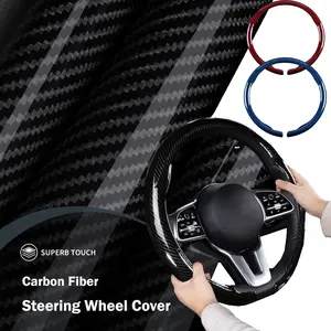 Car Steering Wheel Cover Carbon Fiber Snap On Steering Wheel Accessories Wrap 14.5-15 inch Universal Grip Anti-Skid Protector, Glossy Black / Red /Blue