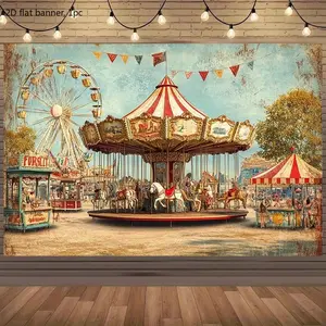 2D flat banner, 1 piece, equipped with carousel, Ferris wheel and colorful flags - suitable for retro party decorations for weddings, birthdays and events - durable polyester banner, available in various sizes, kdj