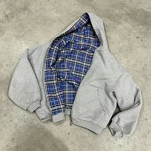 Y2K Style Reversible Hoodie Grey and Blue Plaid Print Casual Streetwear Oversized Grey Zip Up Streetwear Sweatshirt
