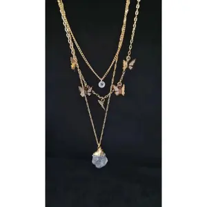 Lady Butterfly Necklace 14K Gold Plated over Stainless Steel with Zircon Crystals & Natural Stone Heart Design