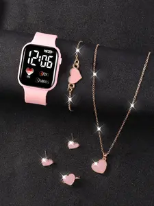 Fashion Digital Wristwatch Set with Belt & Bracelet, Heart-Shaped Earrings, Perfect Gift for Kids, Ideal for Christmas & Back-To-School Season, Digital Watches, Cute
