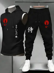 Men's 2-Piece Set Moon Knight Graphic Sleeveless Hoodie & Casual Waist Drawstring Pants, Outdoor Sports Daily Wear, Track Suits