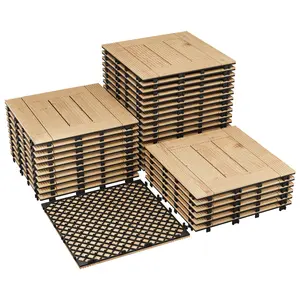 33/22 Pack Acacia Wood interconnected Deck Tiles, 12"x12" Outdoor Waterproof Non-Slip Flooring for Patio, Balcony, Garden, Poolside – Natural Wood