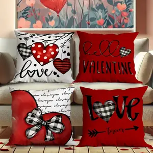 4pcValentinesPillowsViral Red/black/white heart-plaid pillow set dominates the couch! 4-piece set with "love" & "Valentine" motifs boosts VDay vibe—perfect for solo/couple spaces. Turns living rooms into date spots, photo-ready instantly.
