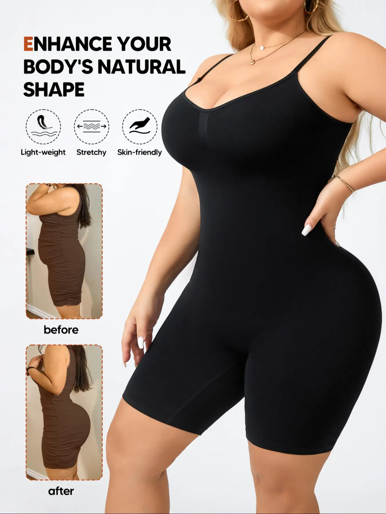 Women's Seamless High Compression Mid-Thigh Bodysuit, Adjustable Straps, Open Bust, Tummy Control, Butt Lifter Shaper, Shapewear, &
