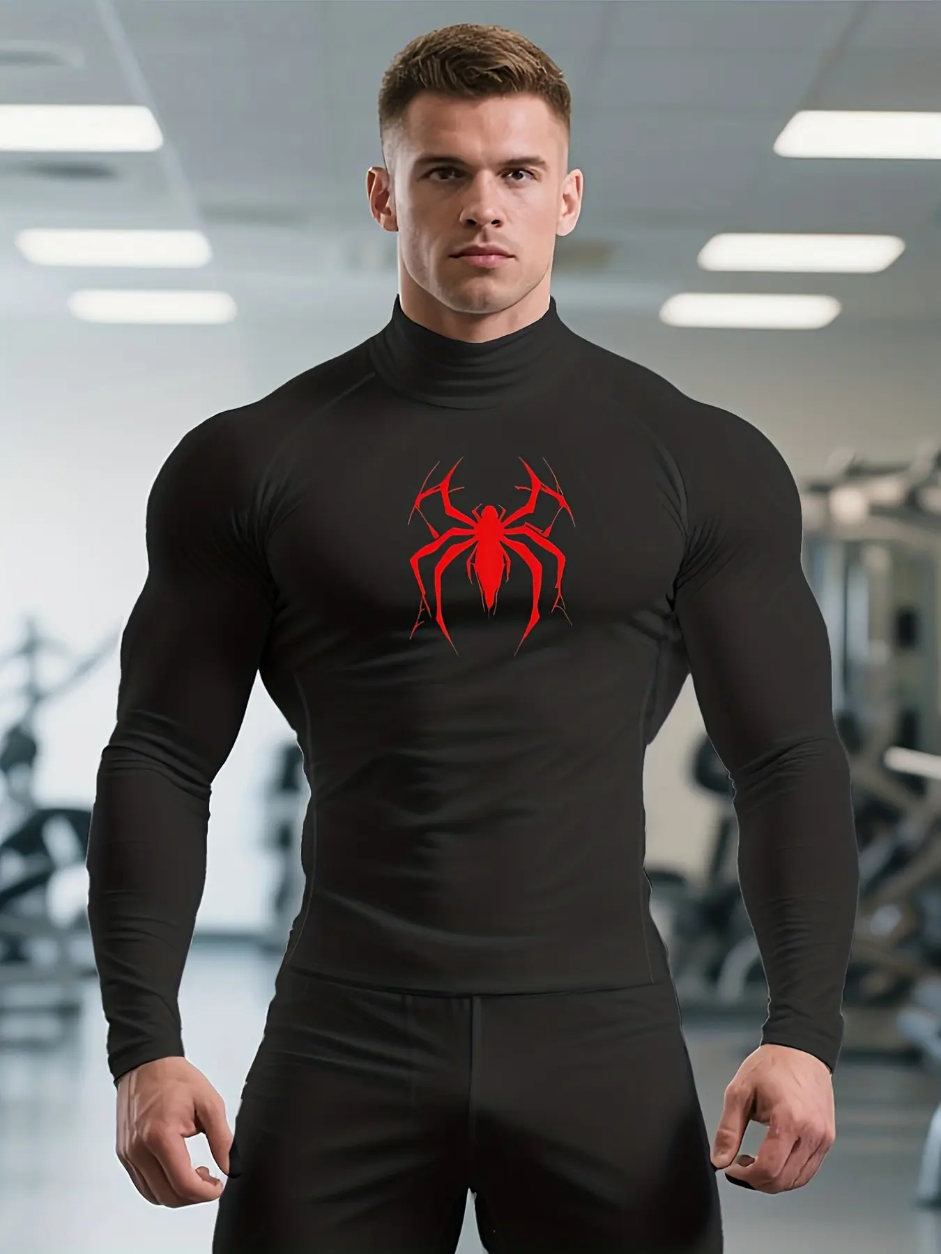 Men's High Elastic Performance Top with Spider Logo and Muscle Pattern, Moisture-Wicking Fabric, Ideal for Powerlifting