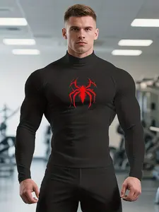Men's High Elastic Performance Top with Spider Logo and Muscle Pattern, Moisture-Wicking Fabric, Ideal for Powerlifting