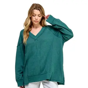 Women's V-Neck Oversized Long-Sleeve Weekender Pullover Sweatshirt, Casual Womenswear Tops