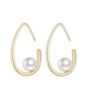 EAMTI Pearl Earrings for Women Trendy 925 Sterling Silver Freshwater Cultured Pearl Teardrop Hoop Earrings