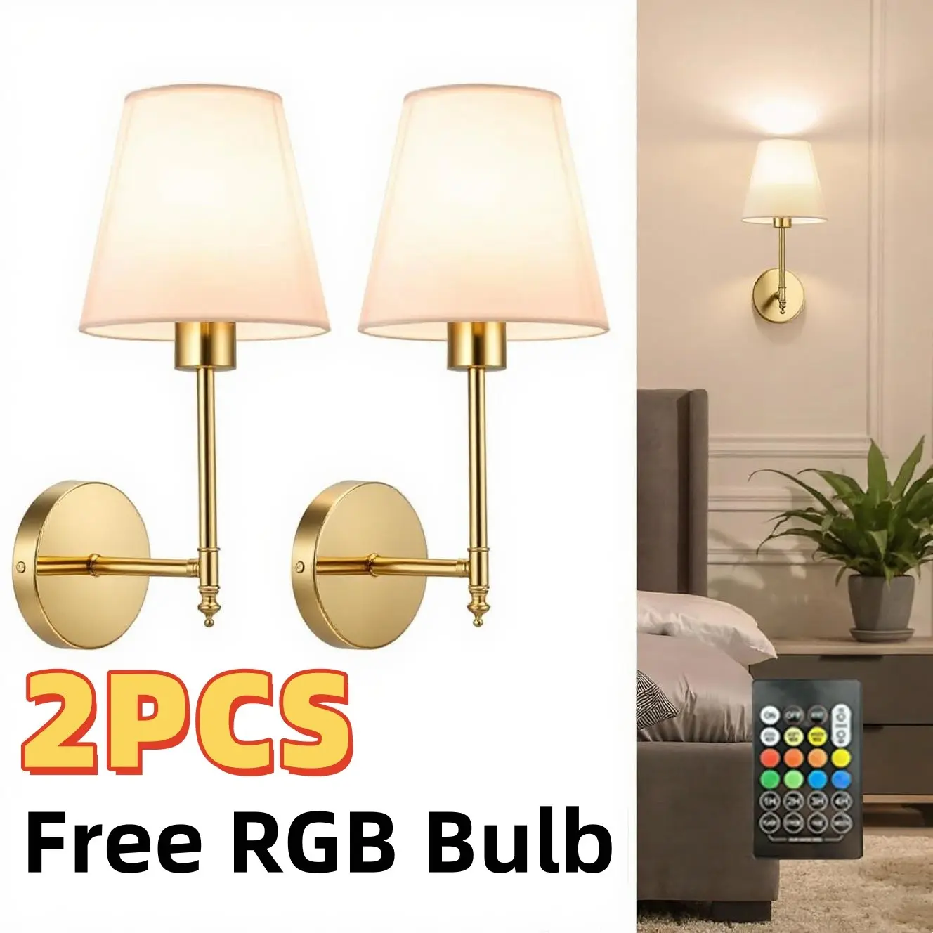 2pcs Rechargeable Wall Lights, Dimmable Wall Sconce, RGB Battery-Powered Bulb, Color Changing Light, With Remote Control, Adjustable Brightness, Led Wall Light, Wireless Installation Sconces Gold/Silver, For Home Decor Led Lights Bedroom Wall Lamps