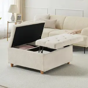 White Sherpa Lift-Top Ottoman Coffee Table - Tufted Look Sherpa Fabric Upholstered Bench with Large Storage, Ideal for Living Room, Bedroom