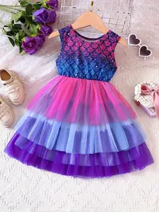 Girls Summer Mermaid Style Sleeveless Gradient Sheer Princess Dress, Perfect for Parties and Gifts, Stylish and Elegant Design